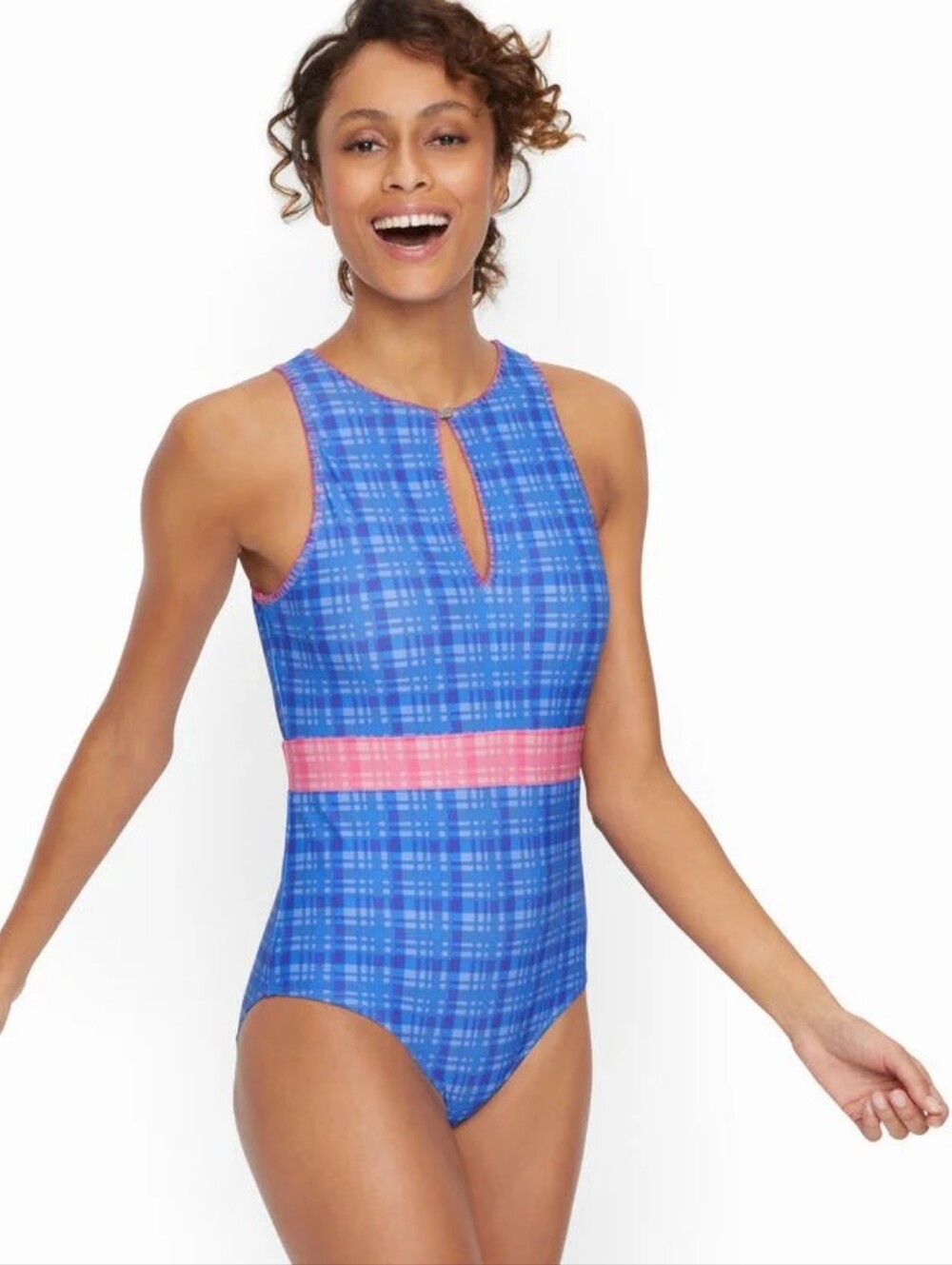 Talbots Cabana Life High Neck One Piece - Sunrise Plaid Blue Pink Swimsuit Sz M